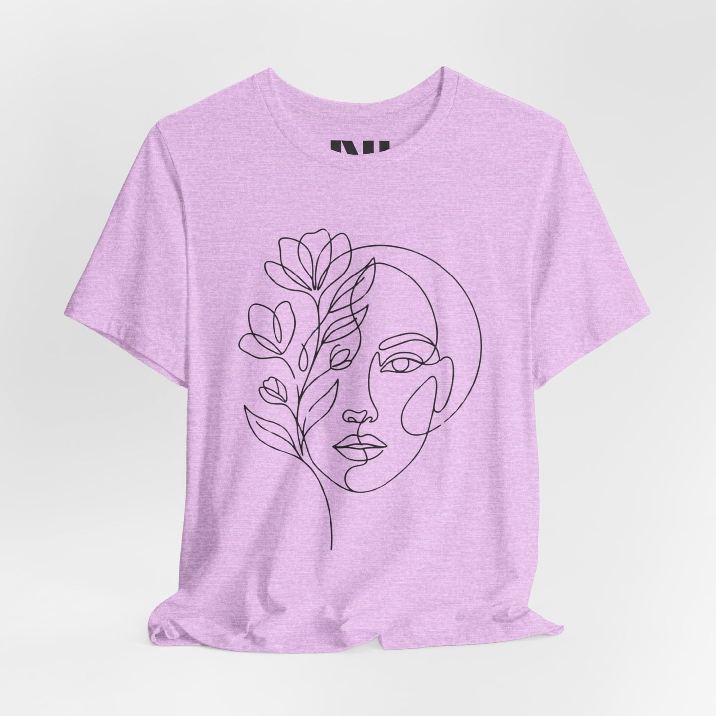 Heathered Prism Lilac graphic t-shirt featuring a minimalist black continuous line art design of a woman's face blooming with floral botanical elements. MOEBEER tees #Heather Prism Lilac