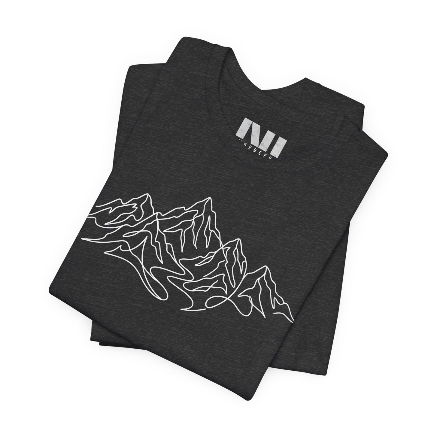 Folded Black heathered graphic t-shirt featuring a minimalist white continuous line art design of a mountain range, moebeer tees #Dark Grey Heather