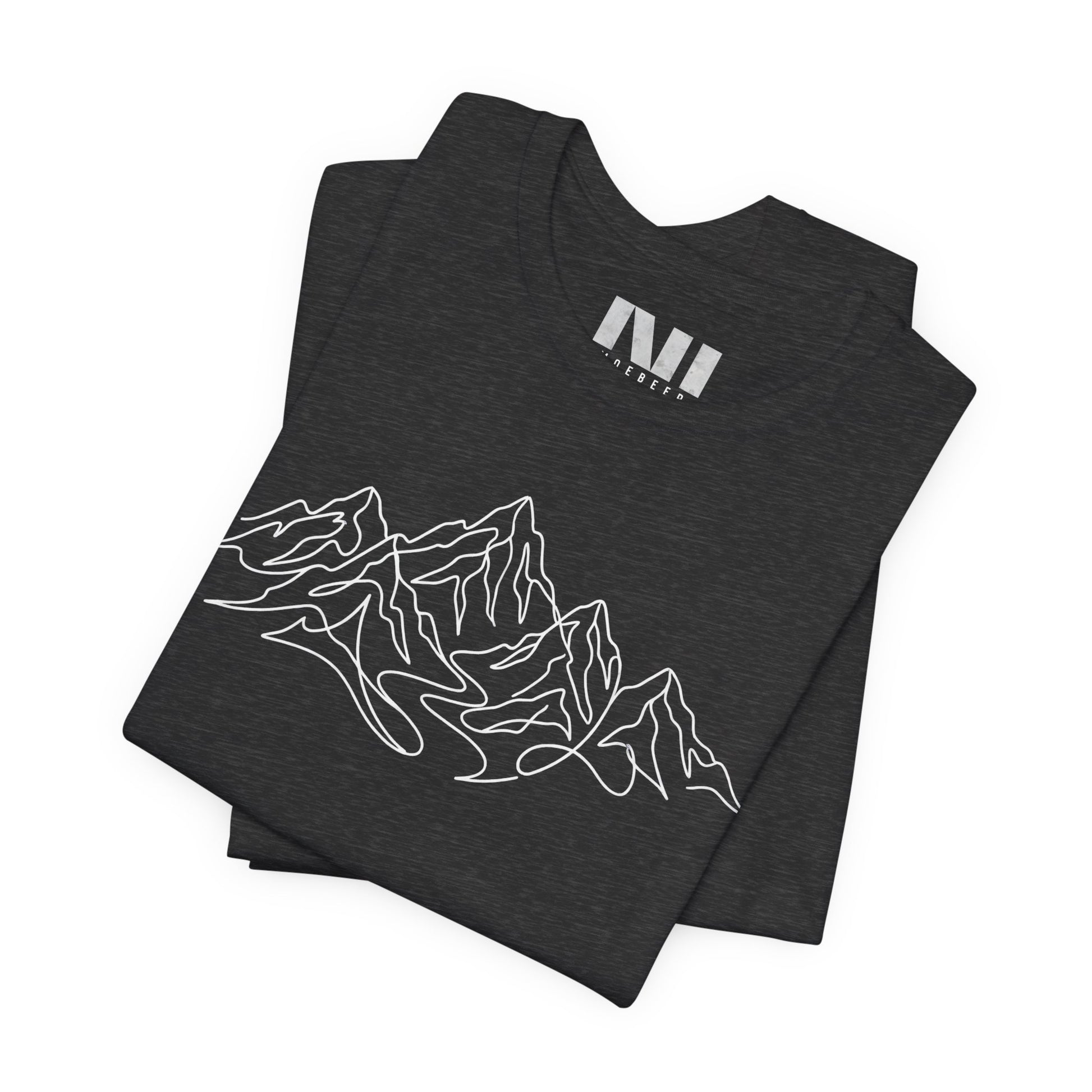 Folded Black heathered graphic t-shirt featuring a minimalist white continuous line art design of a mountain range, moebeer tees #Dark Grey Heather
