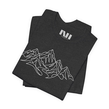 Folded Black heathered graphic t-shirt featuring a minimalist white continuous line art design of a mountain range, moebeer tees #Dark Grey Heather