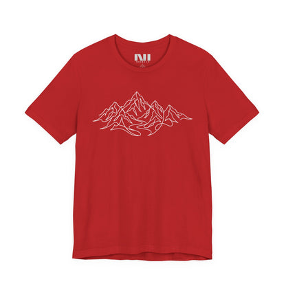 Red graphic t-shirt featuring a minimalist white continuous line art design of a mountain range, moebeer tees #Red