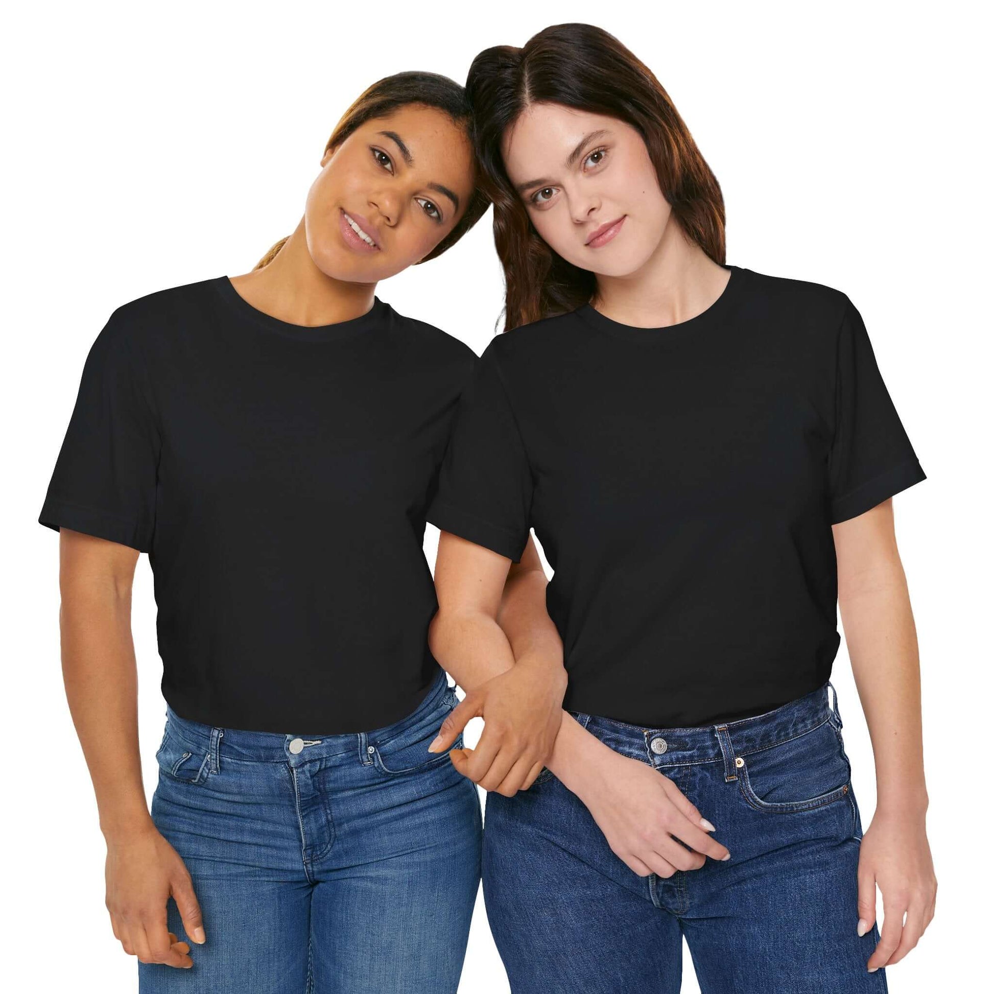 Tailored fit black t-shirt worn by two models, showcasing a classic black tee design in a casual setting.