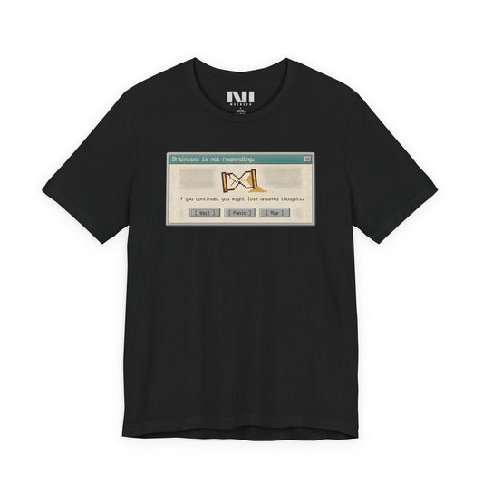t-shirt featuring minimalist computer error message graphic in the center that reads "Attention: Not Responding" with a small warning icon. #Black