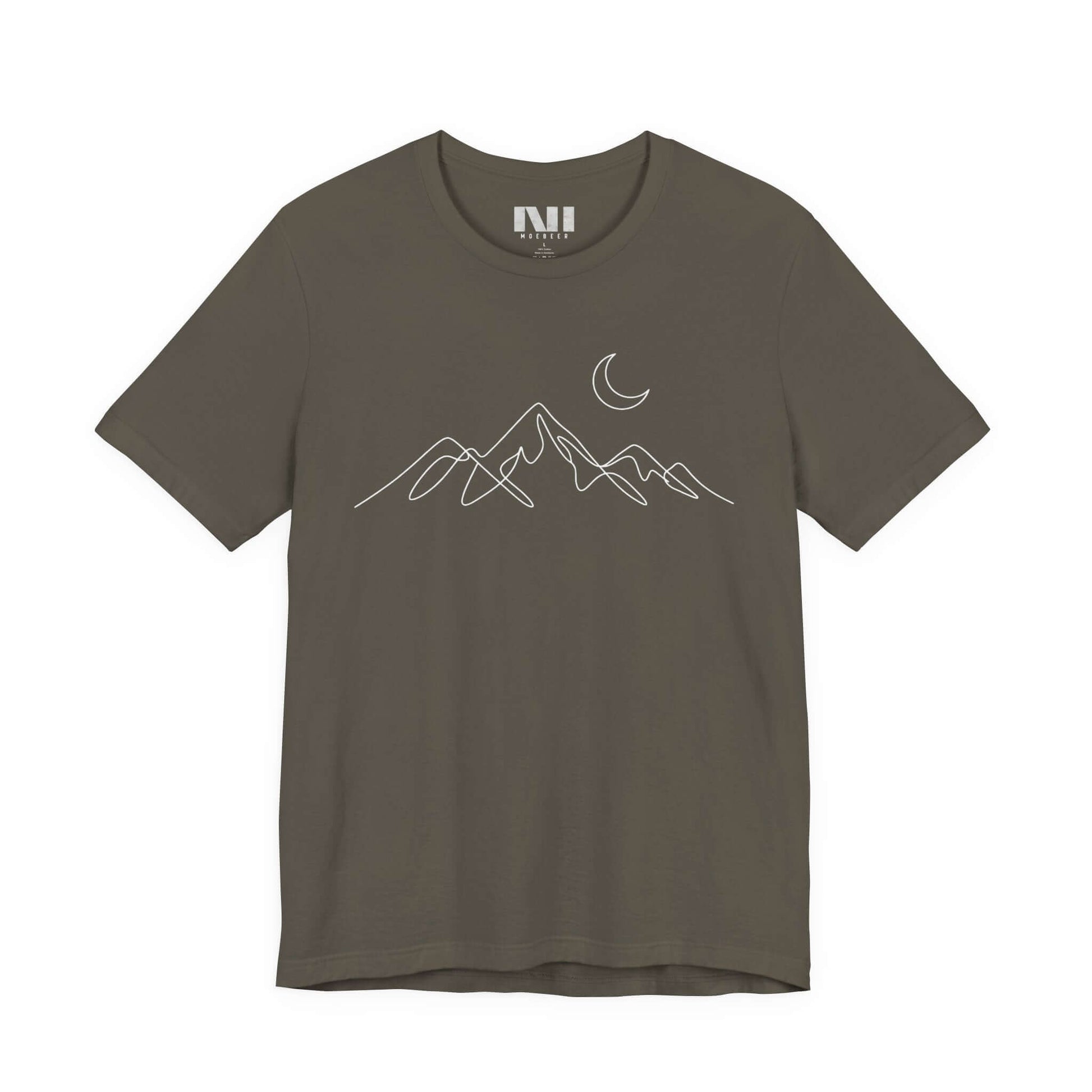Army graphic t-shirt featuring a minimalist white continuous line art design of a mountain range. MOEBEER tees #Army