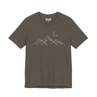 Army graphic t-shirt featuring a minimalist white continuous line art design of a mountain range. MOEBEER tees #Army