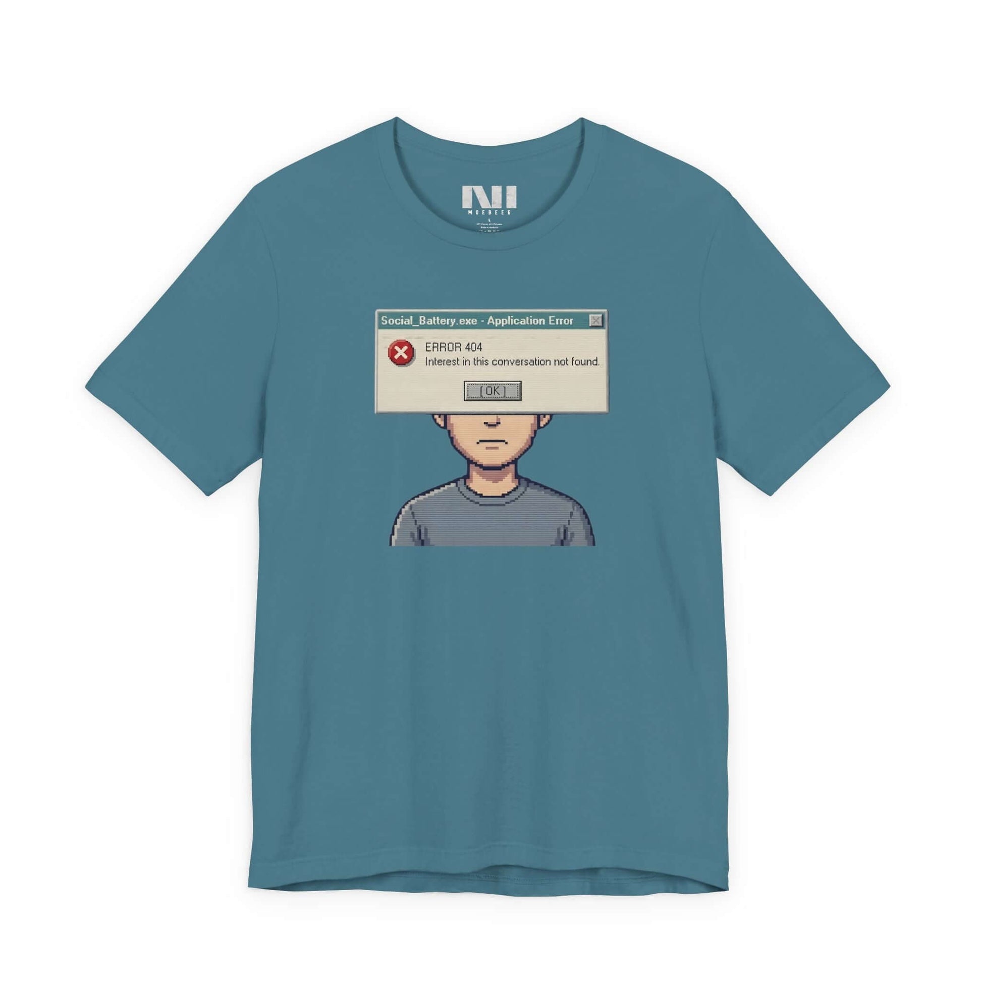 Moebeer Heather Deep Teal premium t-shirt with a retro computer dialogue box graphic reading "Interest Not Found" #Heather Deep Teal