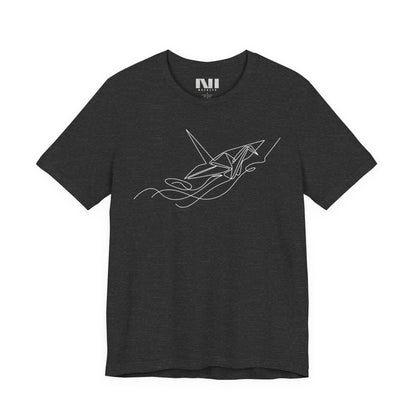  color t-shirt featuring a white minimalist continuous line art design of an origami paper crane. #Dark Grey Heather