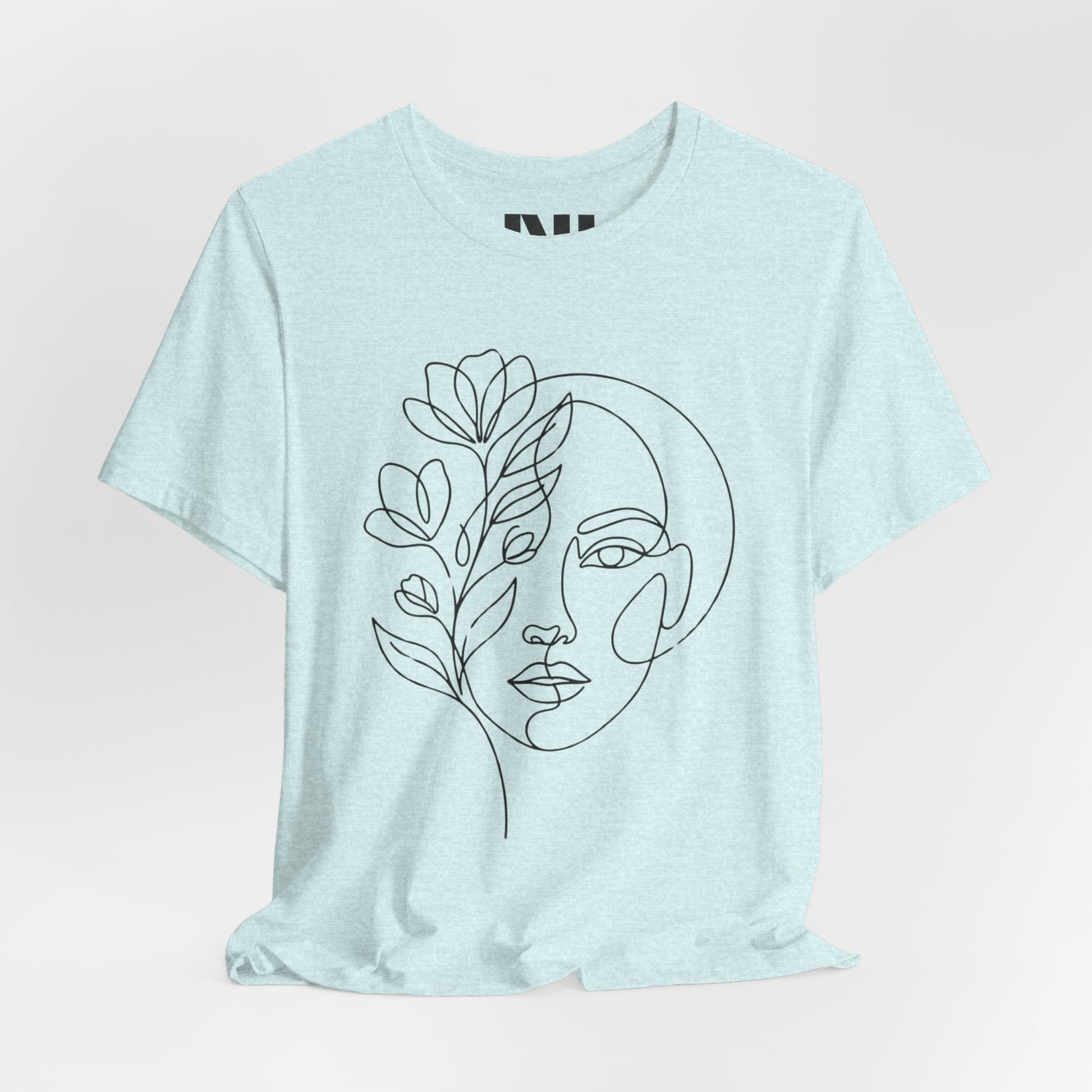 Prism Ice Blue Heathered graphic t-shirt featuring a minimalist black continuous line art design of a woman's face blooming with floral botanical elements. MOEBEER tees #Heather Prism Ice Blue