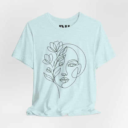 Prism Ice Blue Heathered graphic t-shirt featuring a minimalist black continuous line art design of a woman's face blooming with floral botanical elements. MOEBEER tees #Heather Prism Ice Blue