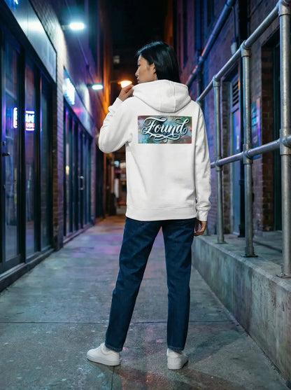 MOEBEER Hoodie featuring "Found" script over a colorful abstract paint design #White
