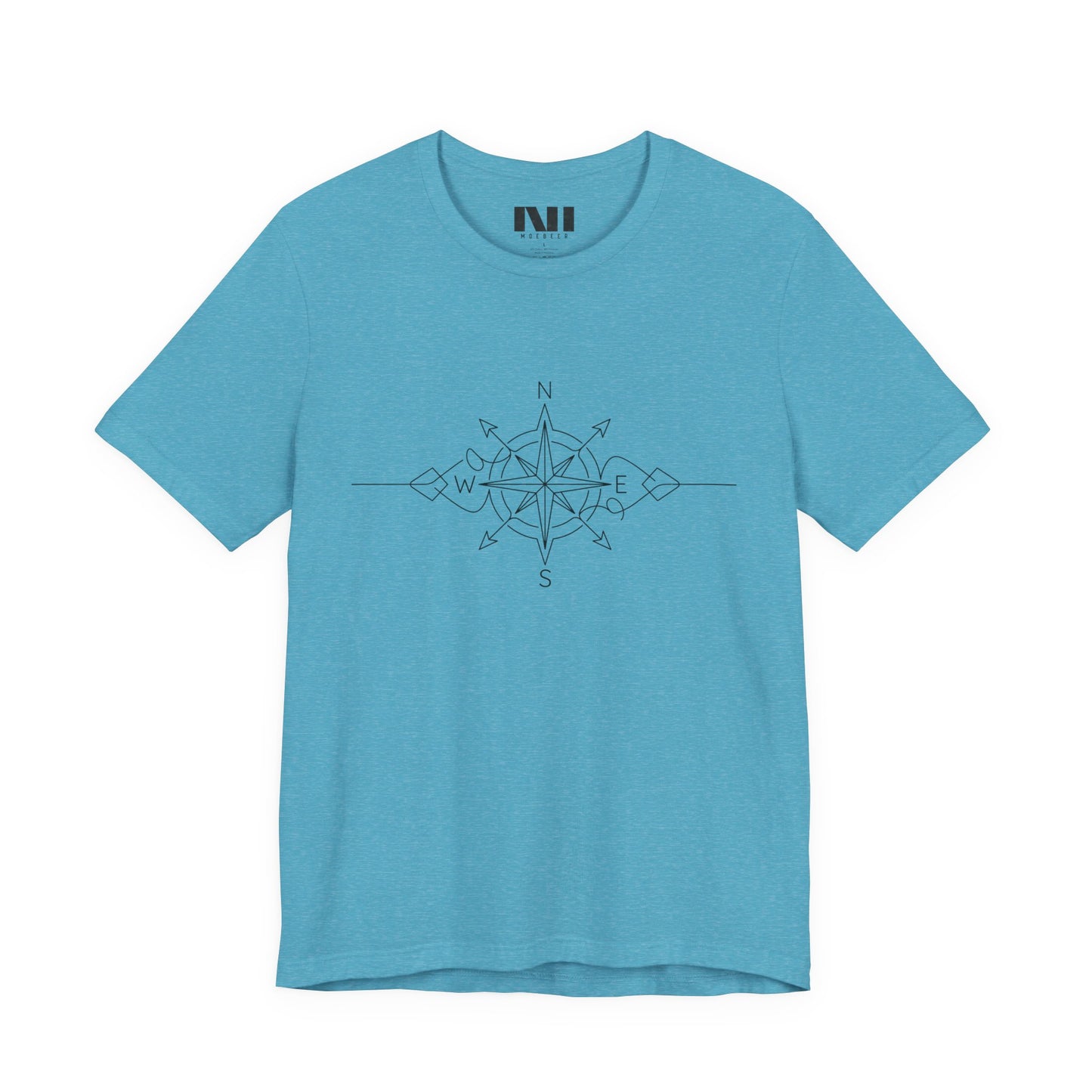 heather aqua color graphic t-shirt featuring a minimalist black line art compass rose design with cardinal direction markers. #Heather Aqua