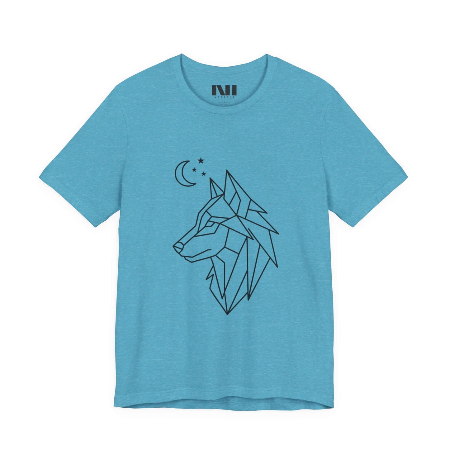 Aqua heathered graphic t-shirt featuring a minimalist white geometric line art design of a wolf head in profile with a crescent moon and stars. MOEBEER tees #Heather Aqua