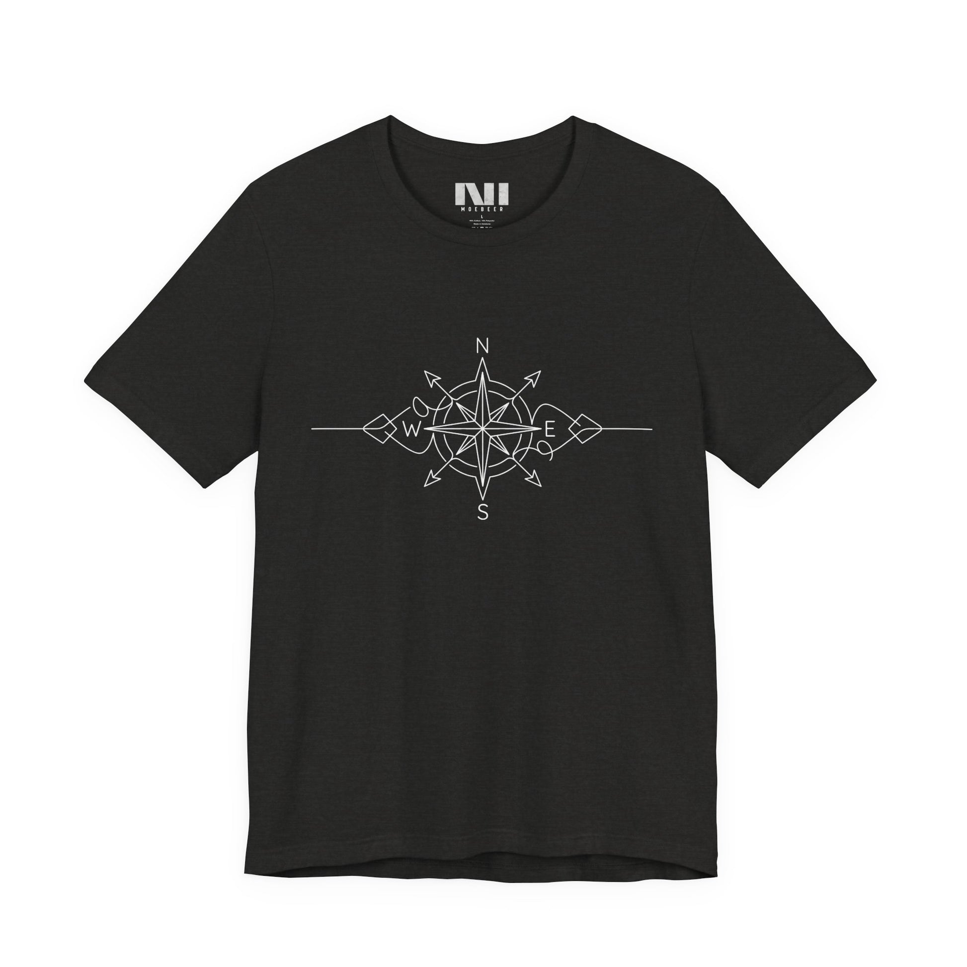 heather black color graphic t-shirt featuring a minimalist white line art compass rose design with cardinal direction markers. #Black Heather