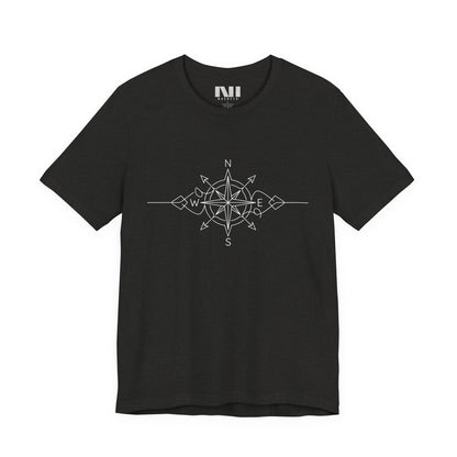 heather black color graphic t-shirt featuring a minimalist white line art compass rose design with cardinal direction markers. #Black Heather