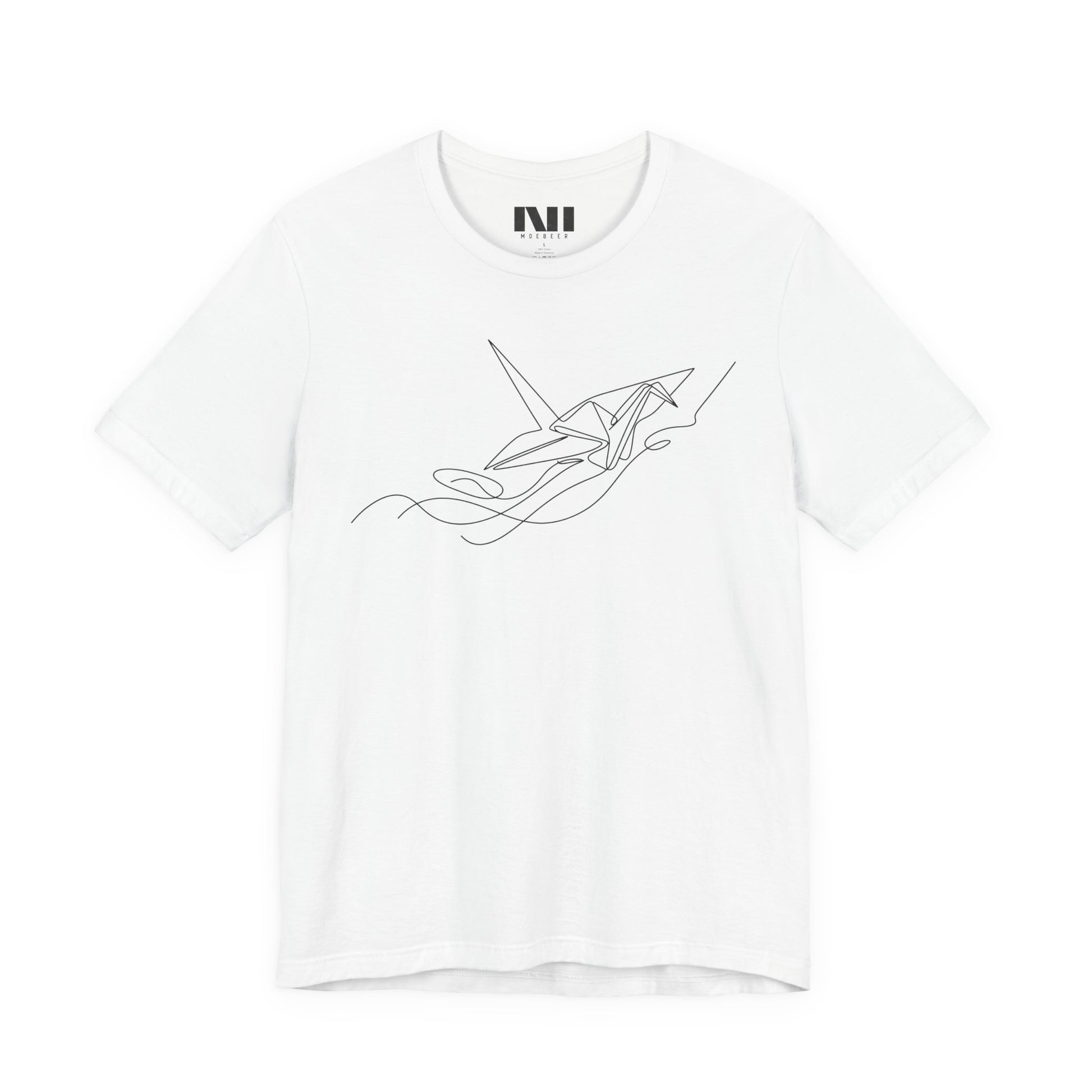 White color t-shirt featuring a black minimalist continuous line art design of an origami paper crane. #White