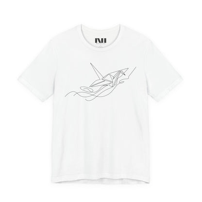 White color t-shirt featuring a black minimalist continuous line art design of an origami paper crane. #White
