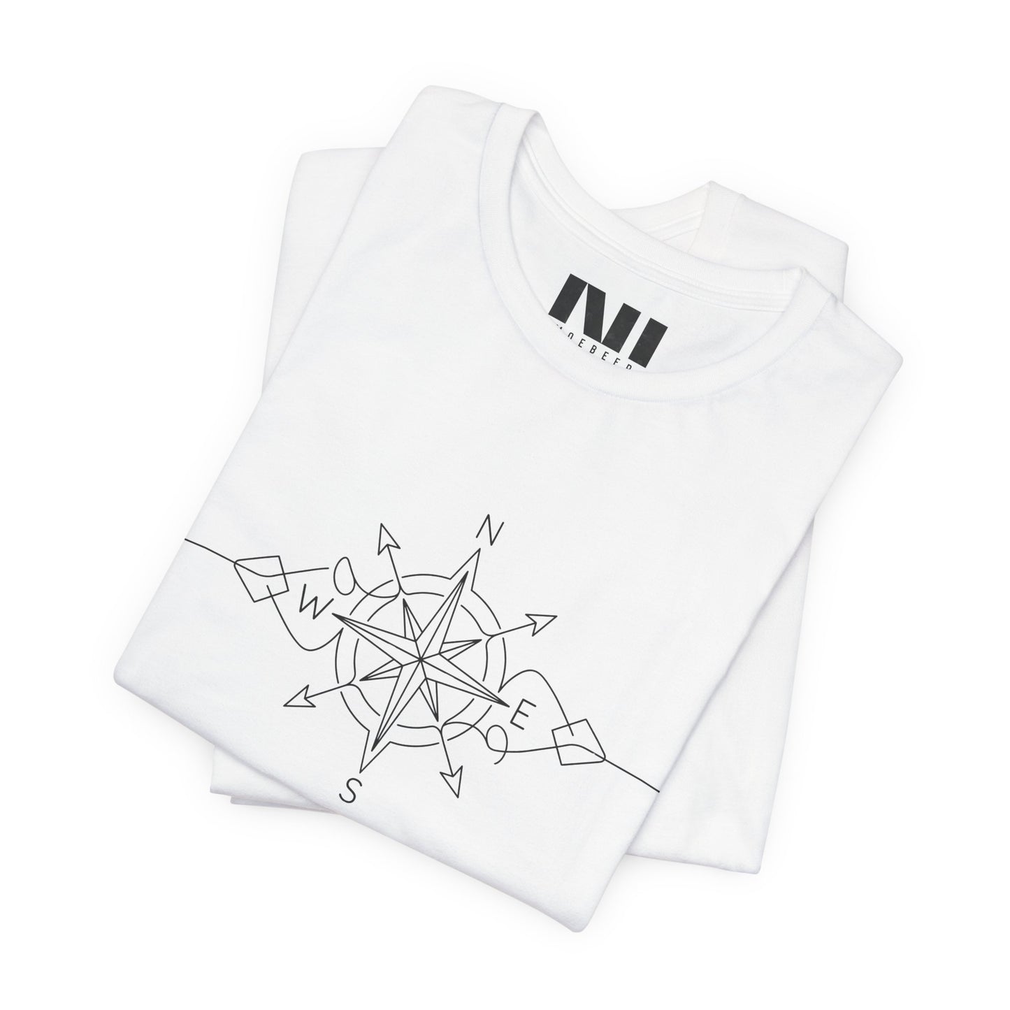 folded white color graphic t-shirt featuring a minimalist black line art compass rose design with cardinal direction markers. #White