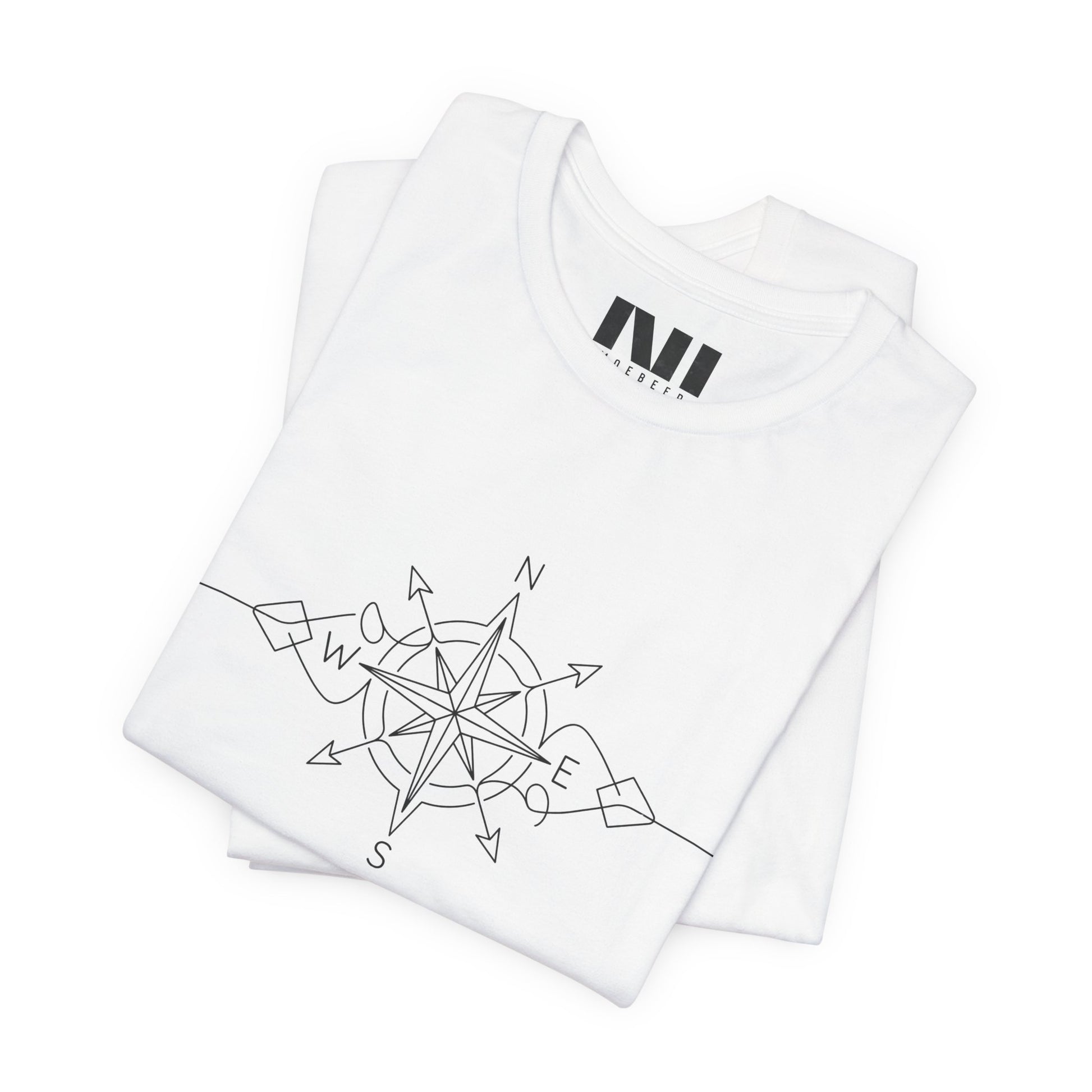folded white color graphic t-shirt featuring a minimalist black line art compass rose design with cardinal direction markers. #White