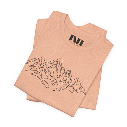 folded Peach heathered graphic t-shirt featuring a minimalist white continuous line art design of a mountain range, moebeer tees #Heather Peach