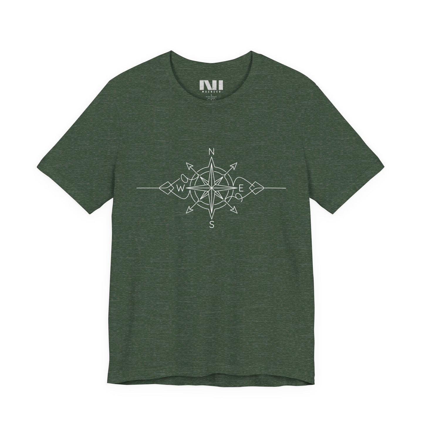 heather forest green color graphic t-shirt featuring a minimalist white line art compass rose design with cardinal direction markers. #Heather Forest