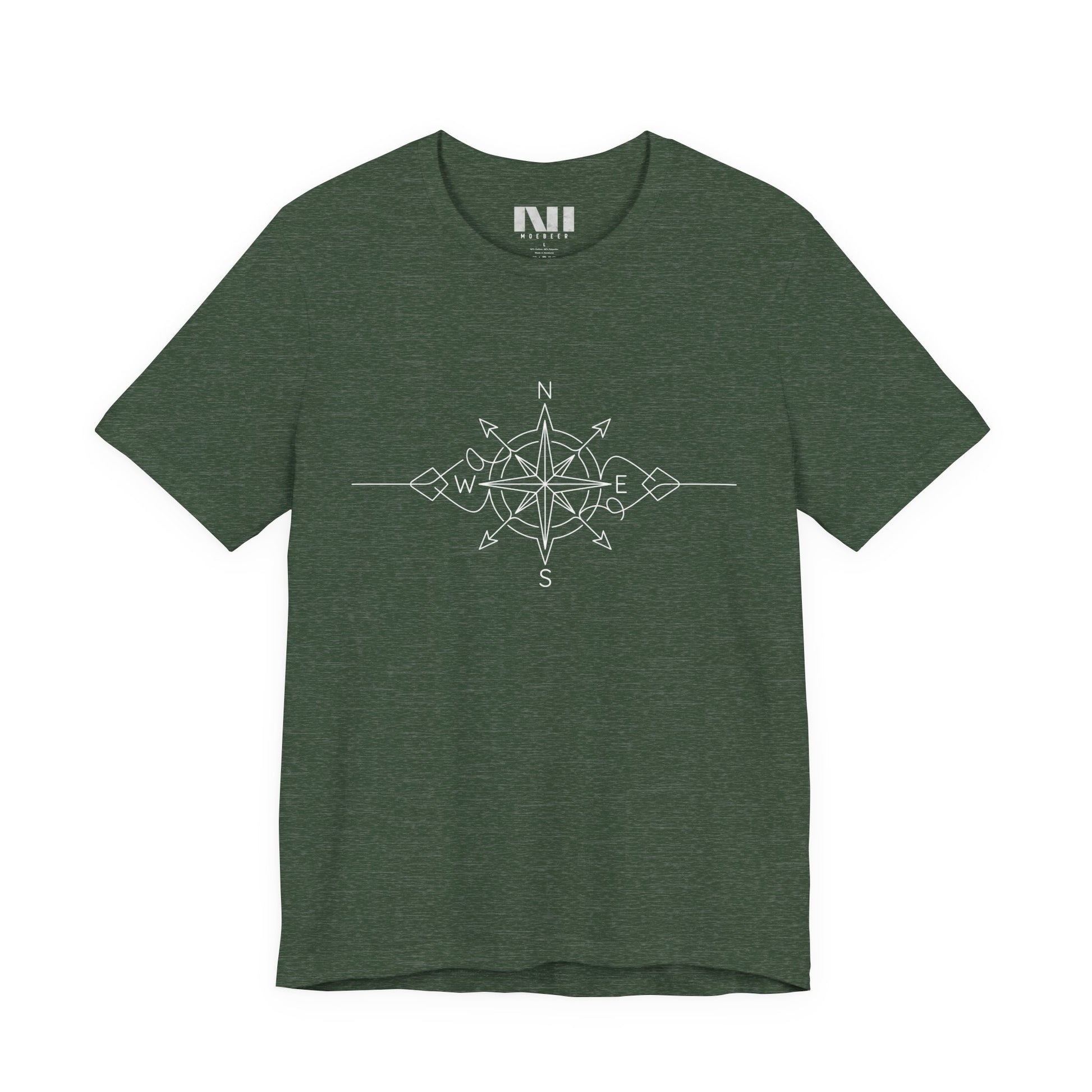 heather forest green color graphic t-shirt featuring a minimalist white line art compass rose design with cardinal direction markers. #Heather Forest