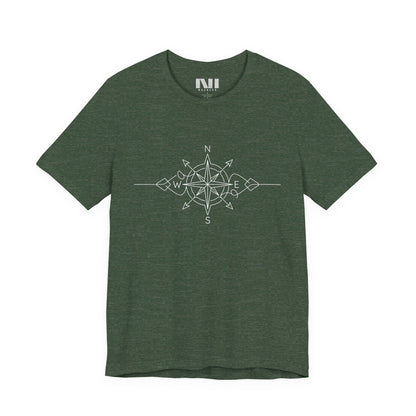 heather forest green color graphic t-shirt featuring a minimalist white line art compass rose design with cardinal direction markers. #Heather Forest