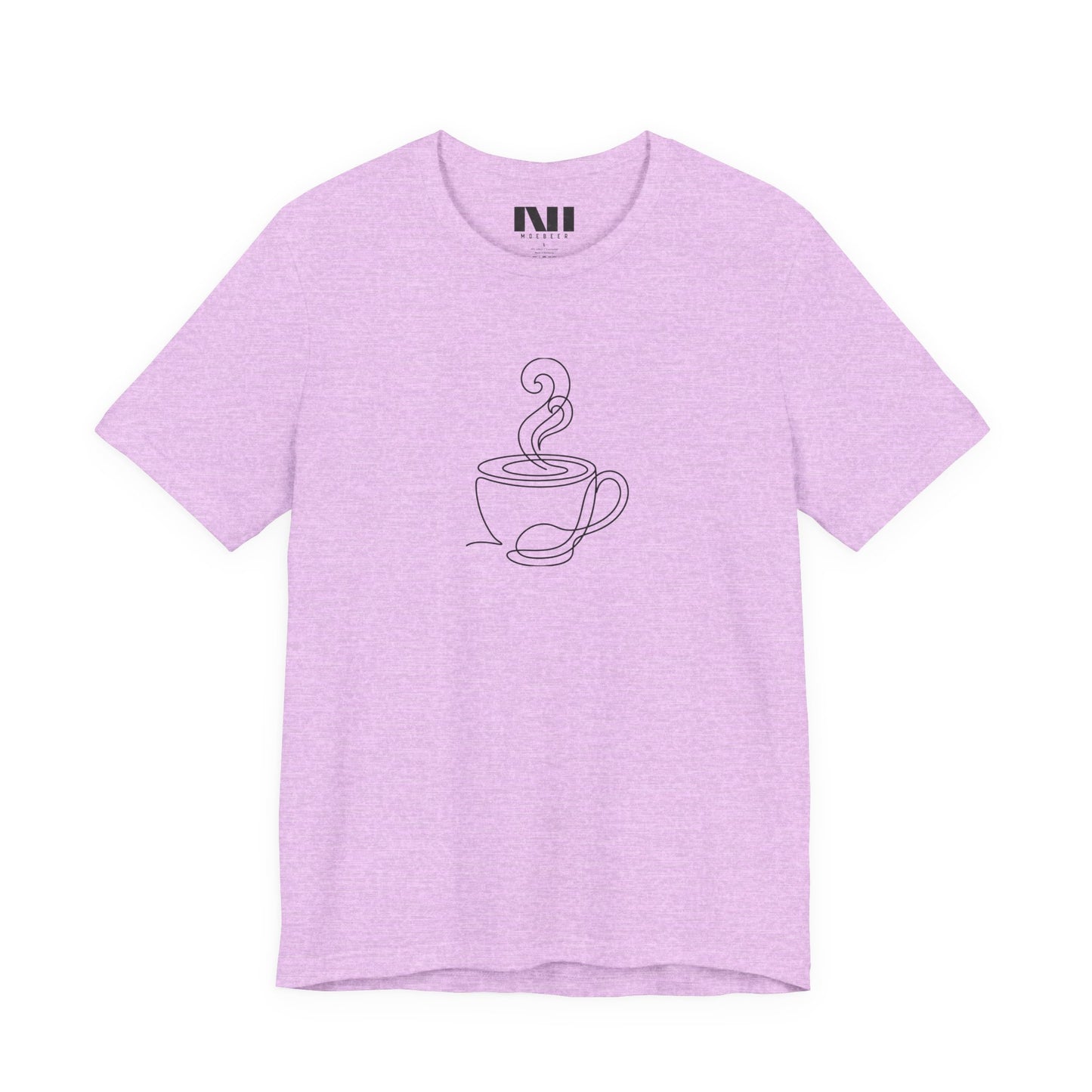 Heather Prism Lilac graphic t-shirt featuring a minimalist black continuous line art design of a steaming coffee cup. moebeer tees #Heather Prism Lilac