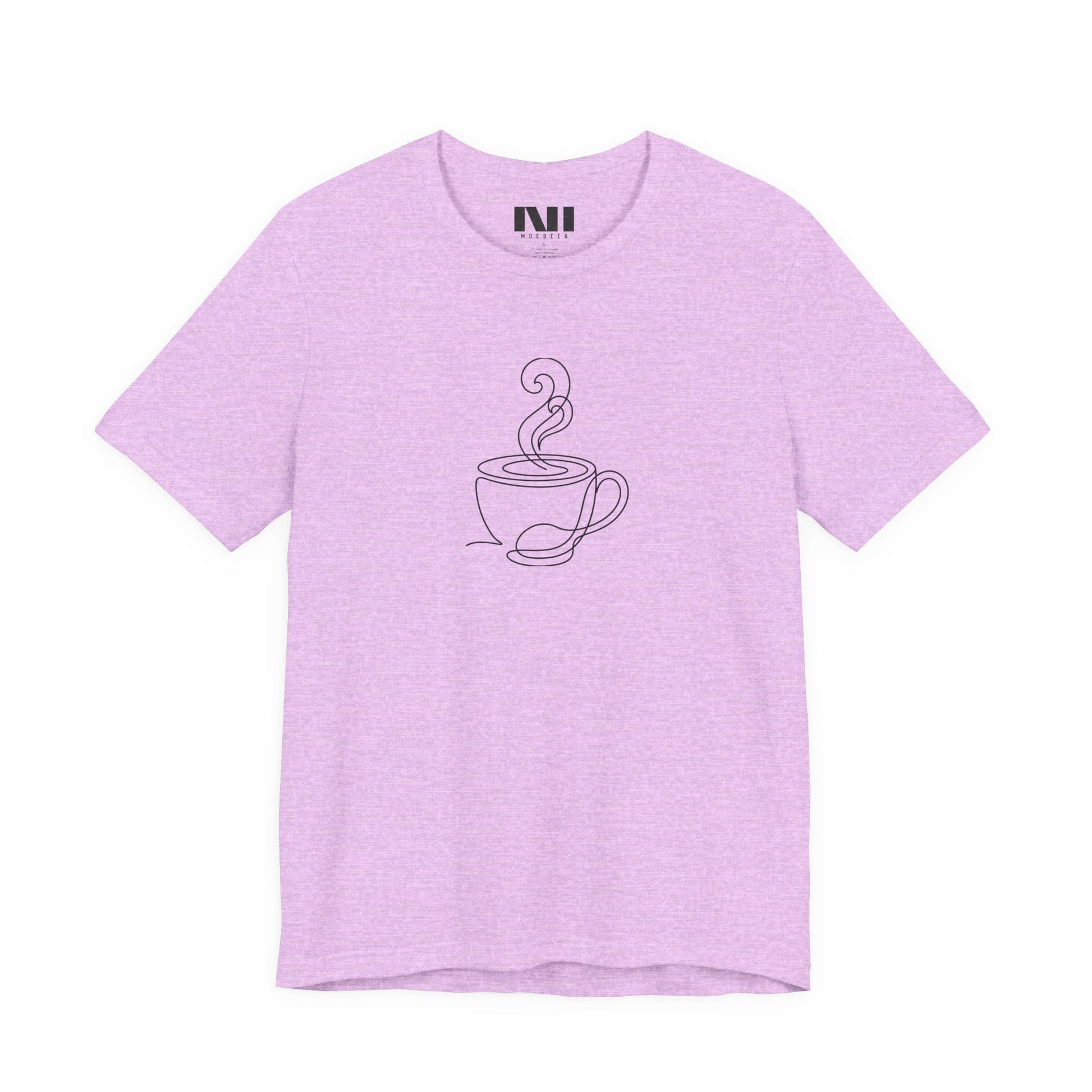 Heather Prism Lilac graphic t-shirt featuring a minimalist black continuous line art design of a steaming coffee cup. moebeer tees #Heather Prism Lilac