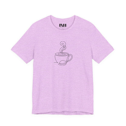 Heather Prism Lilac graphic t-shirt featuring a minimalist black continuous line art design of a steaming coffee cup. moebeer tees #Heather Prism Lilac