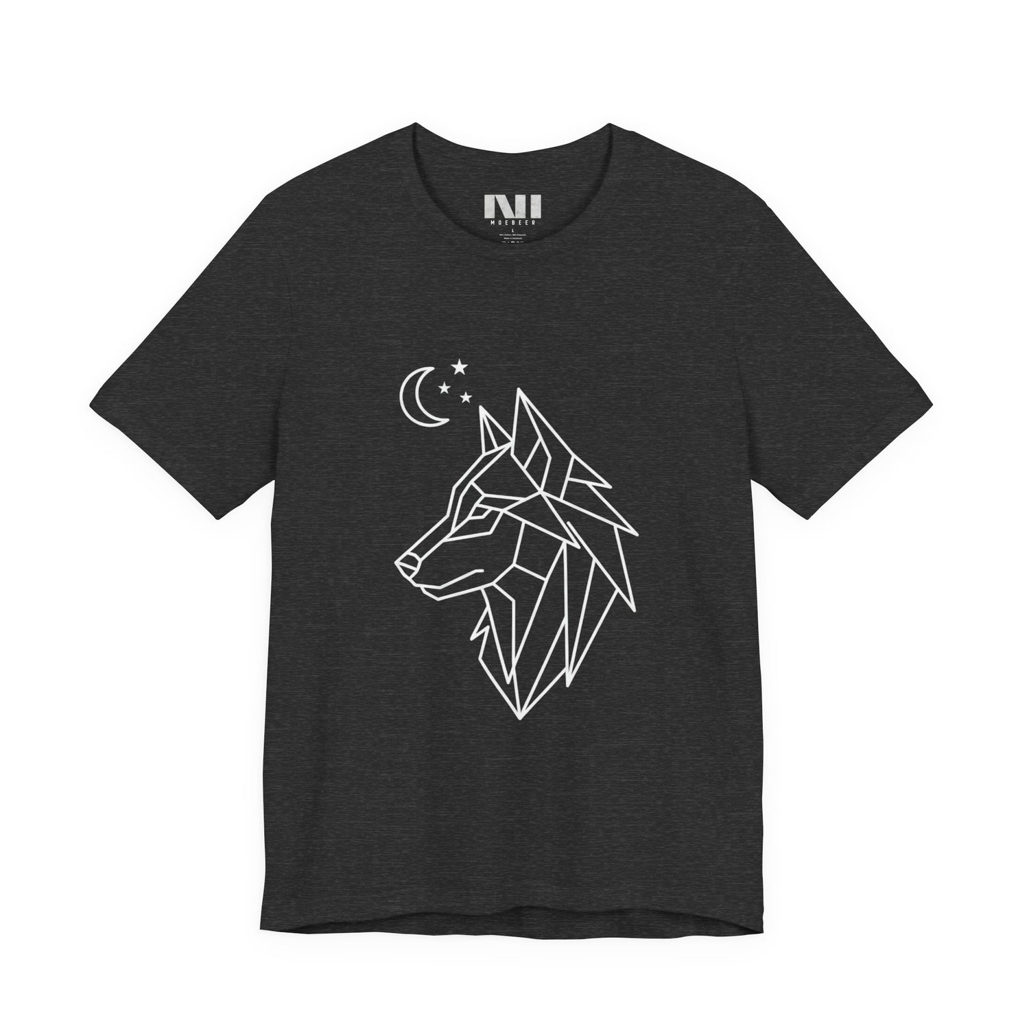 Dark gray heathered graphic t-shirt featuring a minimalist white geometric line art design of a wolf head in profile with a crescent moon and stars. MOEBEER tees #Dark Grey Heather