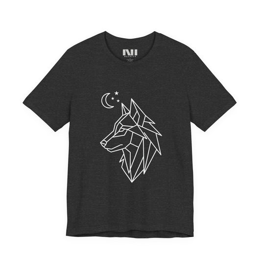 Dark gray heathered graphic t-shirt featuring a minimalist white geometric line art design of a wolf head in profile with a crescent moon and stars. MOEBEER tees #Dark Grey Heather