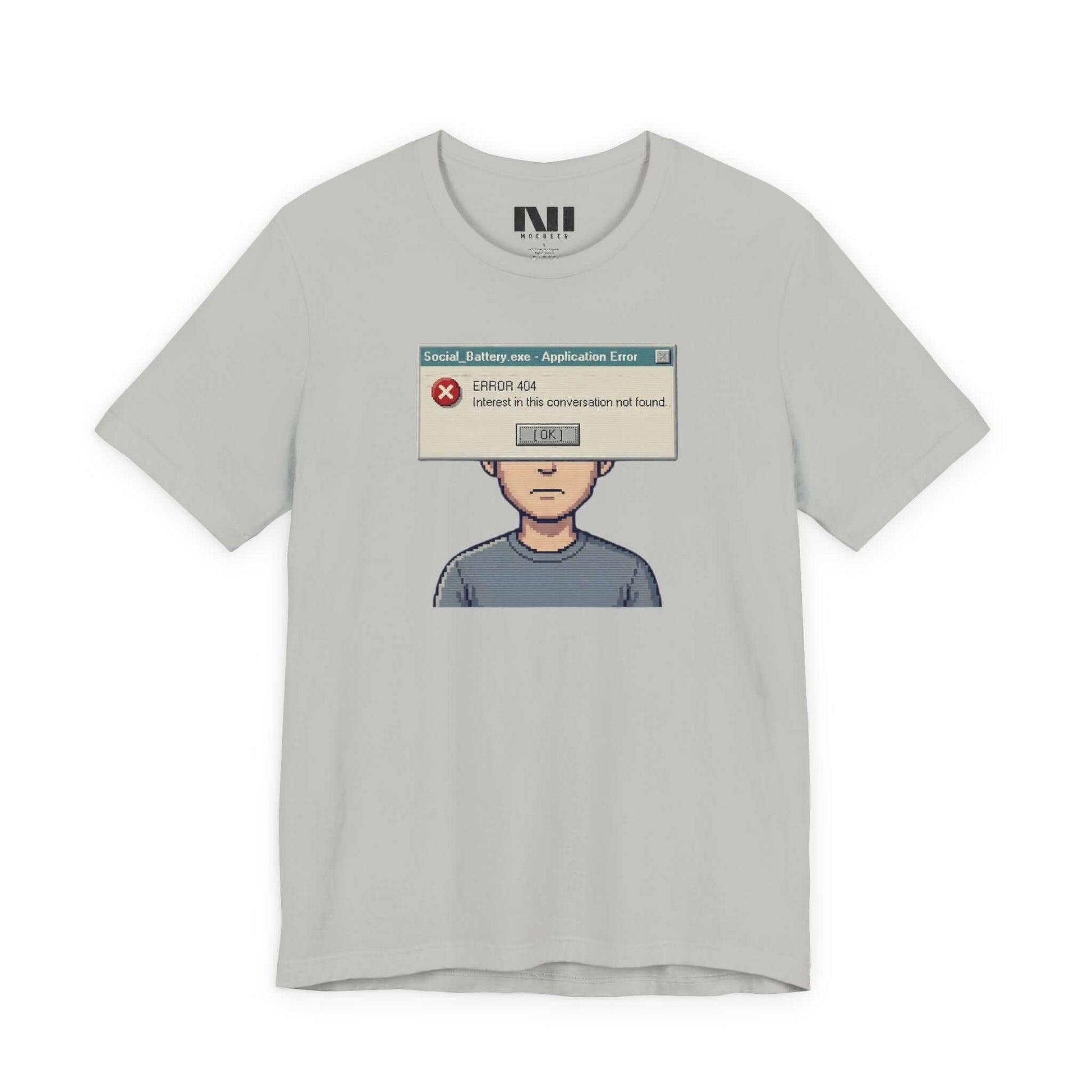 Moebeer Athletic Heather cotton shirt with a 90s-inspired system error graphic "Interest Not Found" #Athletic Heather