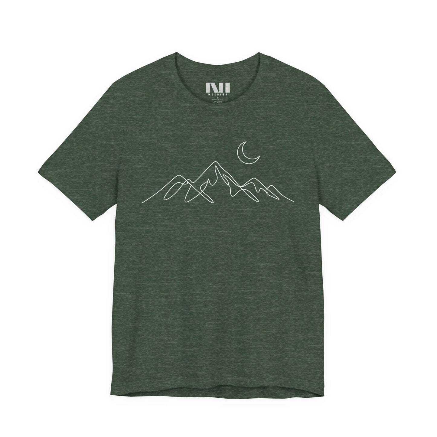 Forest Green heathered graphic t-shirt featuring a minimalist white continuous line art design of a mountain range. MOEBEER tees #Heather Forest