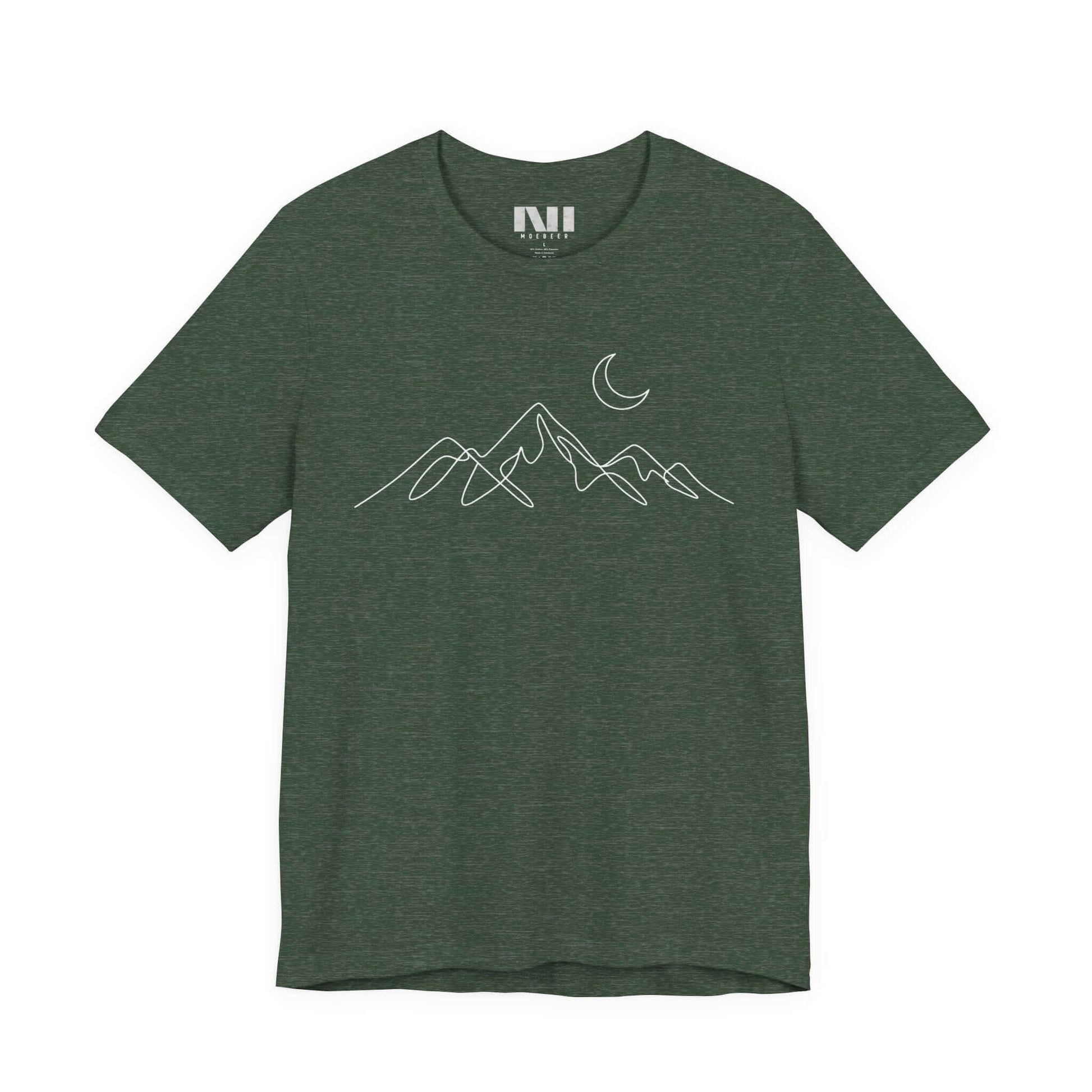 Forest Green heathered graphic t-shirt featuring a minimalist white continuous line art design of a mountain range. MOEBEER tees #Heather Forest