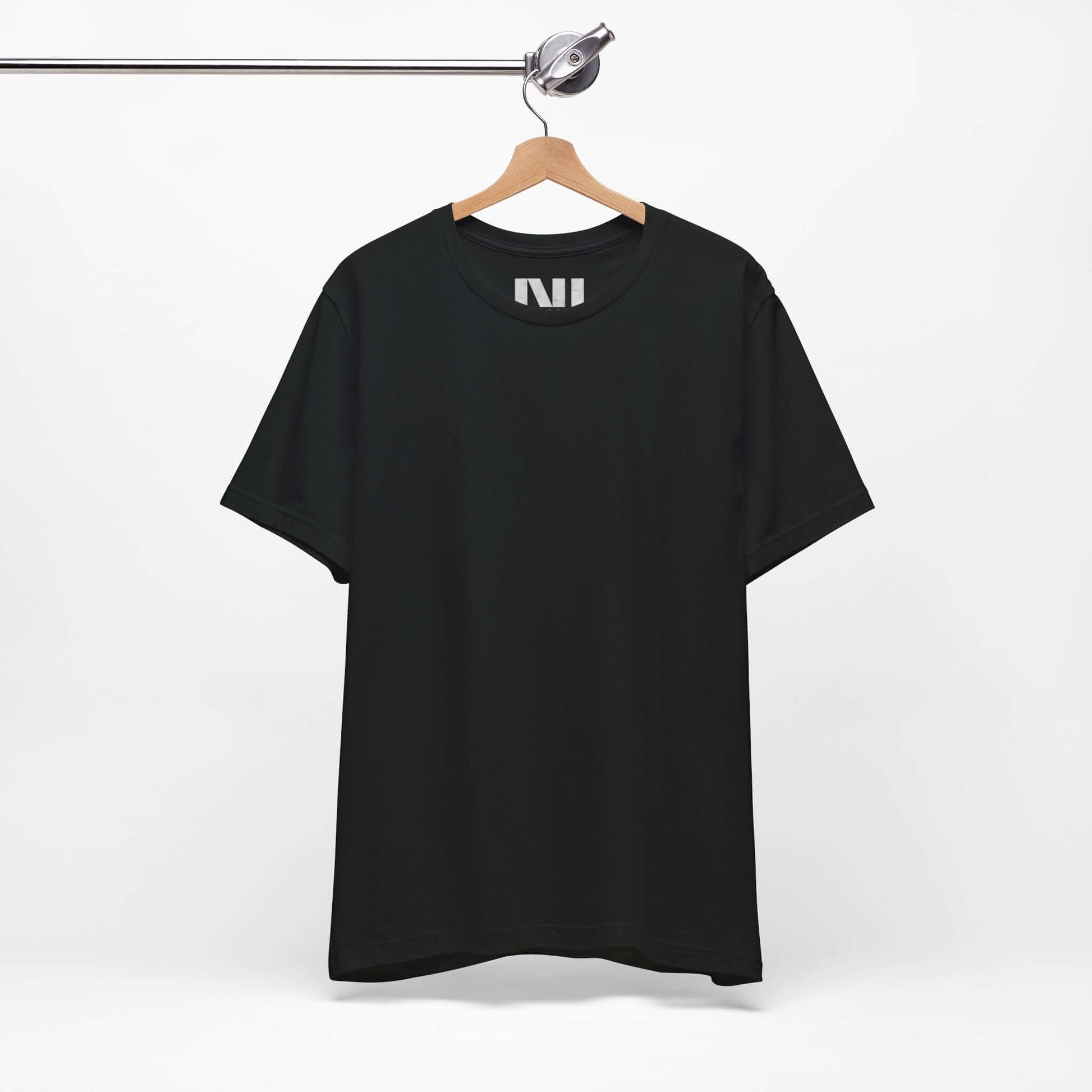 Tailored fit black t-shirt flat lay by MOEBEER, 142gsm ring-spun cotton crew neck wardrobe essential
