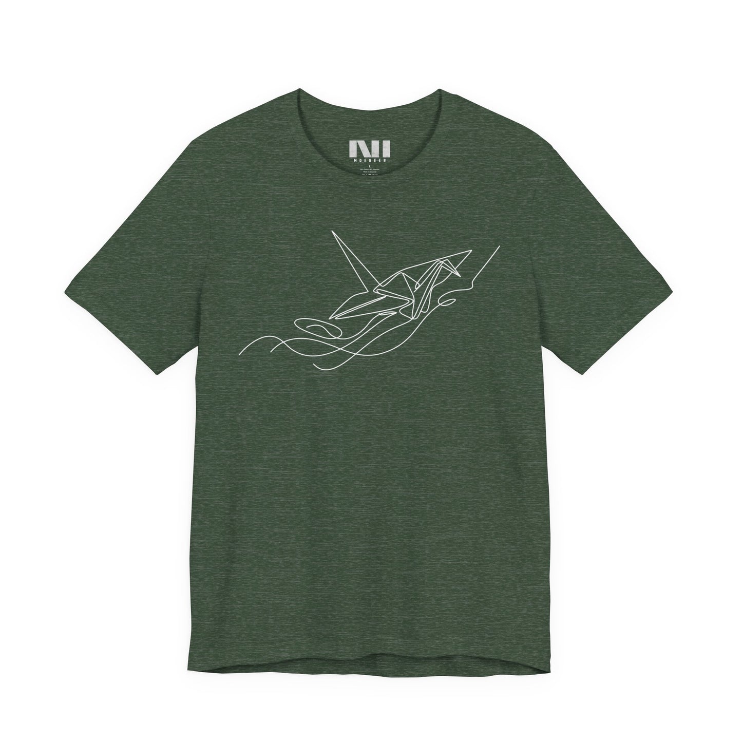 Heather Forest green color t-shirt featuring a white minimalist continuous line art design of an origami paper crane. #Heather Forest