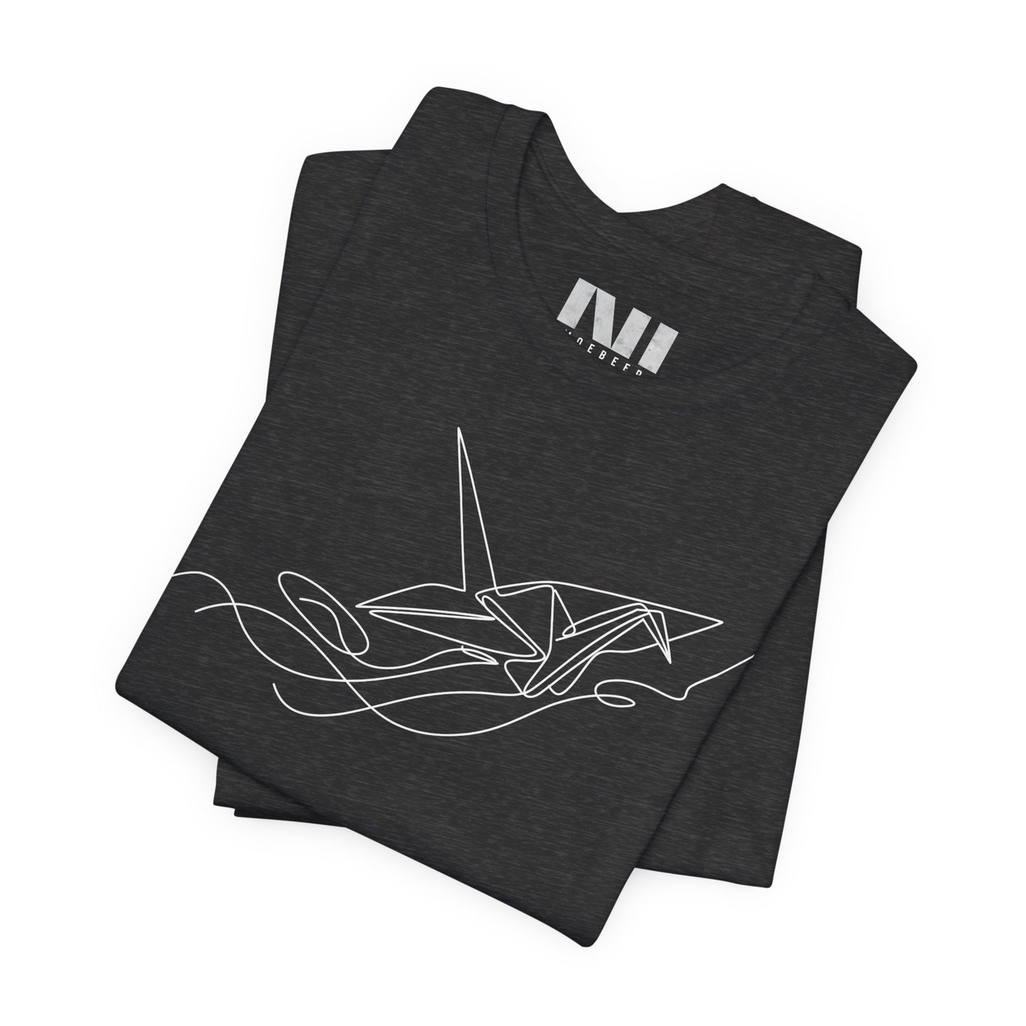  Heather color t-shirt featuring a white minimalist continuous line art design of an origami paper crane. #Dark Grey Heather