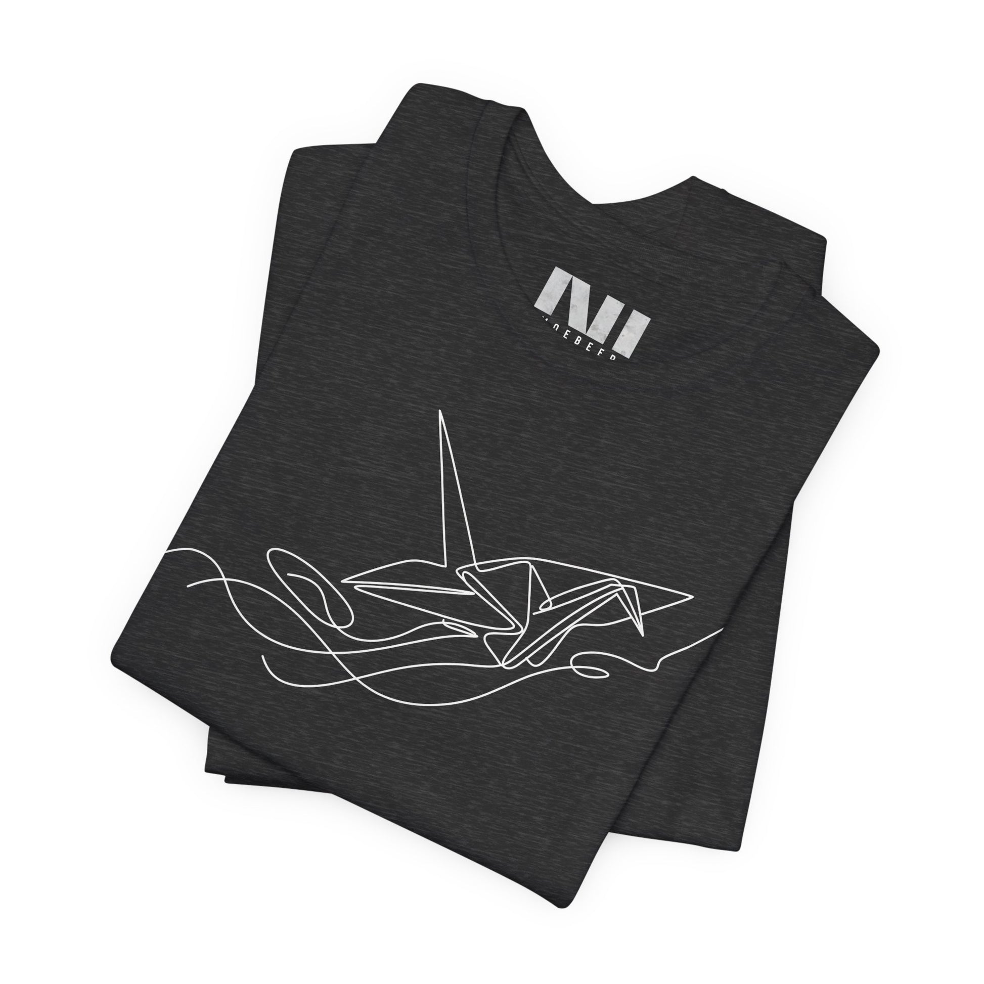  Heather color t-shirt featuring a white minimalist continuous line art design of an origami paper crane. #Dark Grey Heather