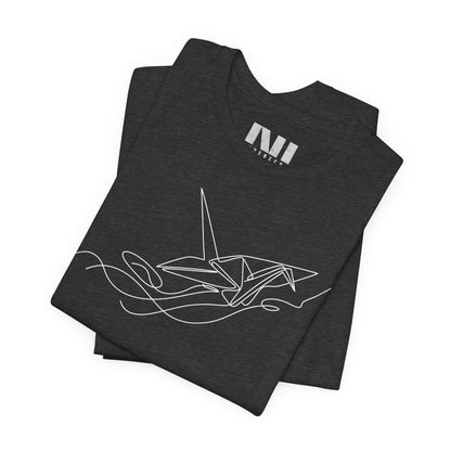  Heather color t-shirt featuring a white minimalist continuous line art design of an origami paper crane. #Dark Grey Heather