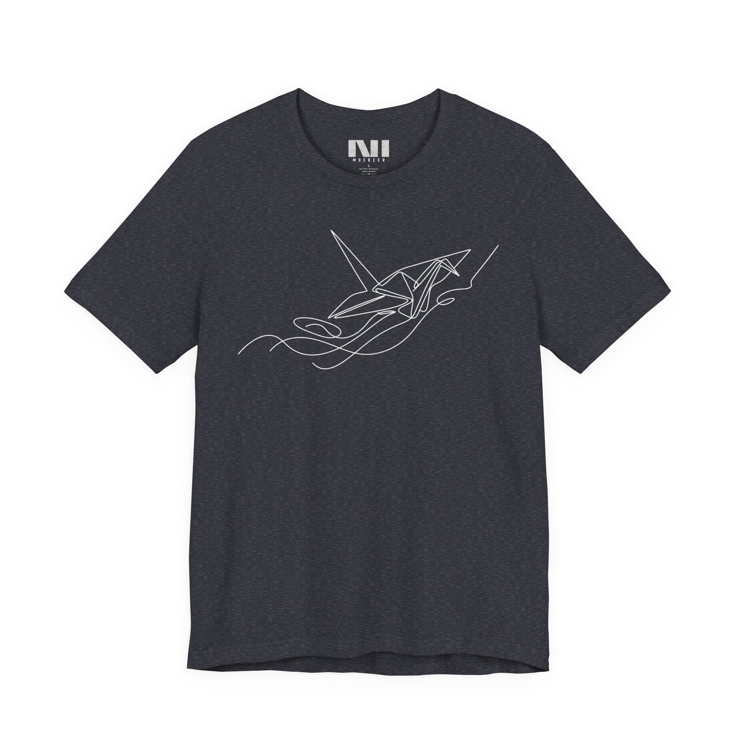 Heather Navy color t-shirt featuring a white minimalist continuous line art design of an origami paper crane. #Heather Navy