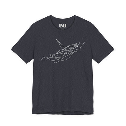 Heather Navy color t-shirt featuring a white minimalist continuous line art design of an origami paper crane. #Heather Navy