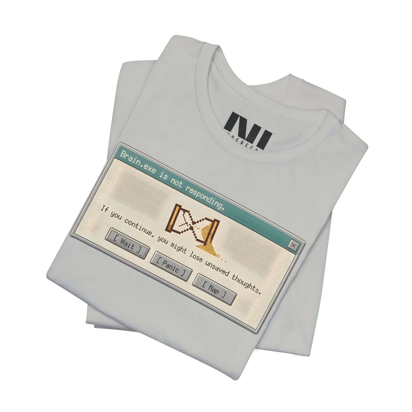 t-shirt with a black graphic of a rectangular system dialogue box reading "Attention: Not Responding." #Athletic Heather