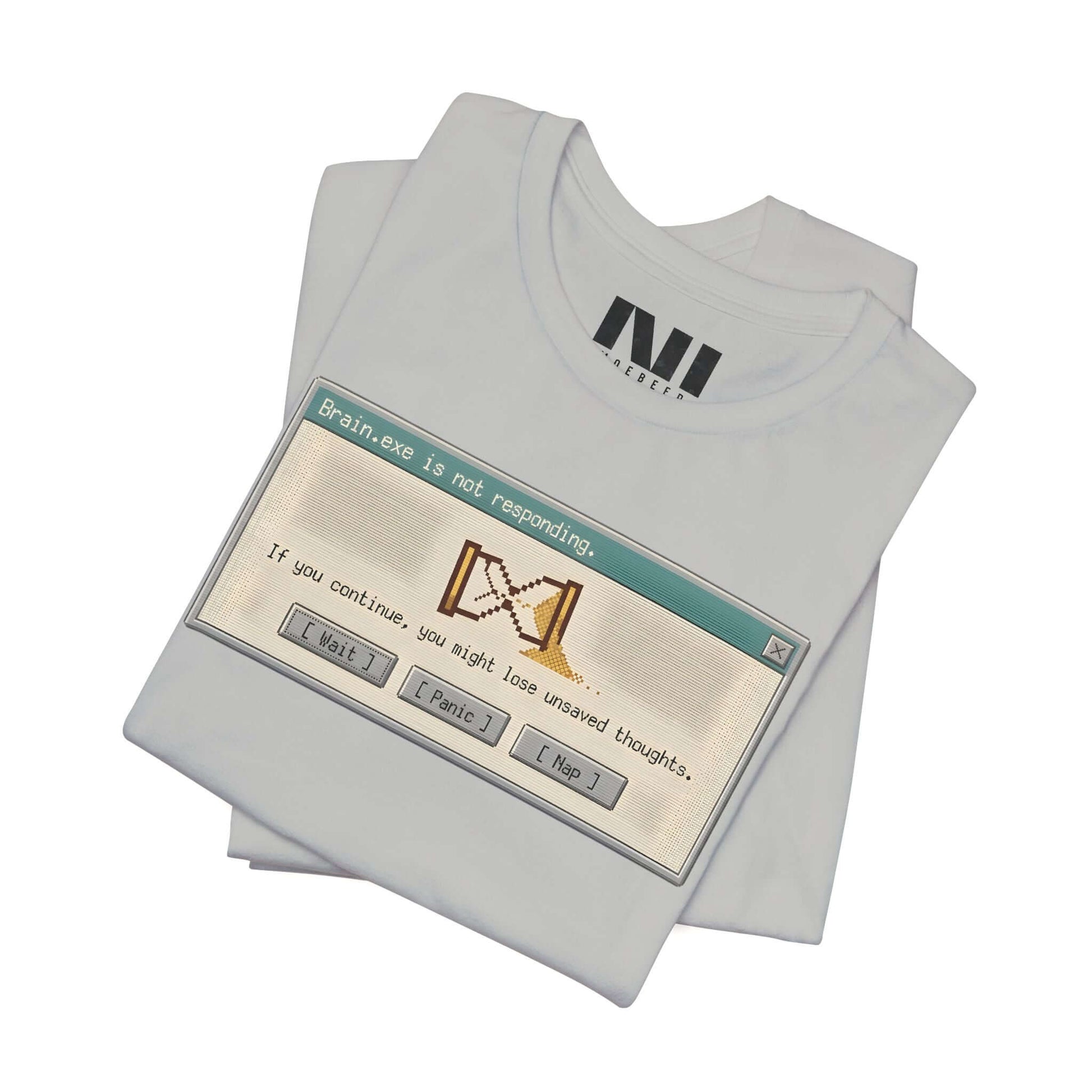 t-shirt with a black graphic of a rectangular system dialogue box reading "Attention: Not Responding." #Athletic Heather