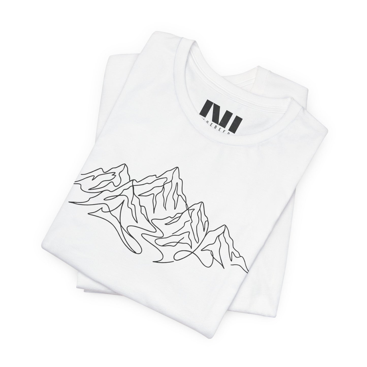 folded white graphic t-shirt featuring a minimalist white continuous line art design of a mountain range, moebeer tees #White