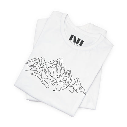folded white graphic t-shirt featuring a minimalist white continuous line art design of a mountain range, moebeer tees #White