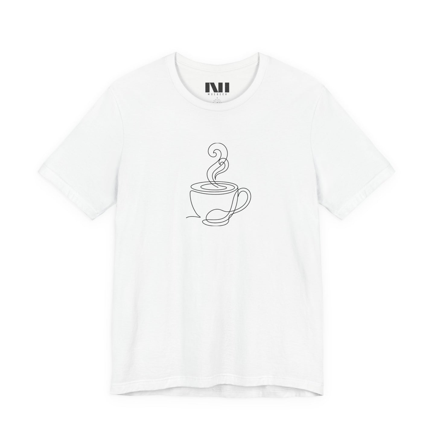 White graphic t-shirt featuring a minimalist black continuous line art design of a steaming coffee cup. moebeer tees #White