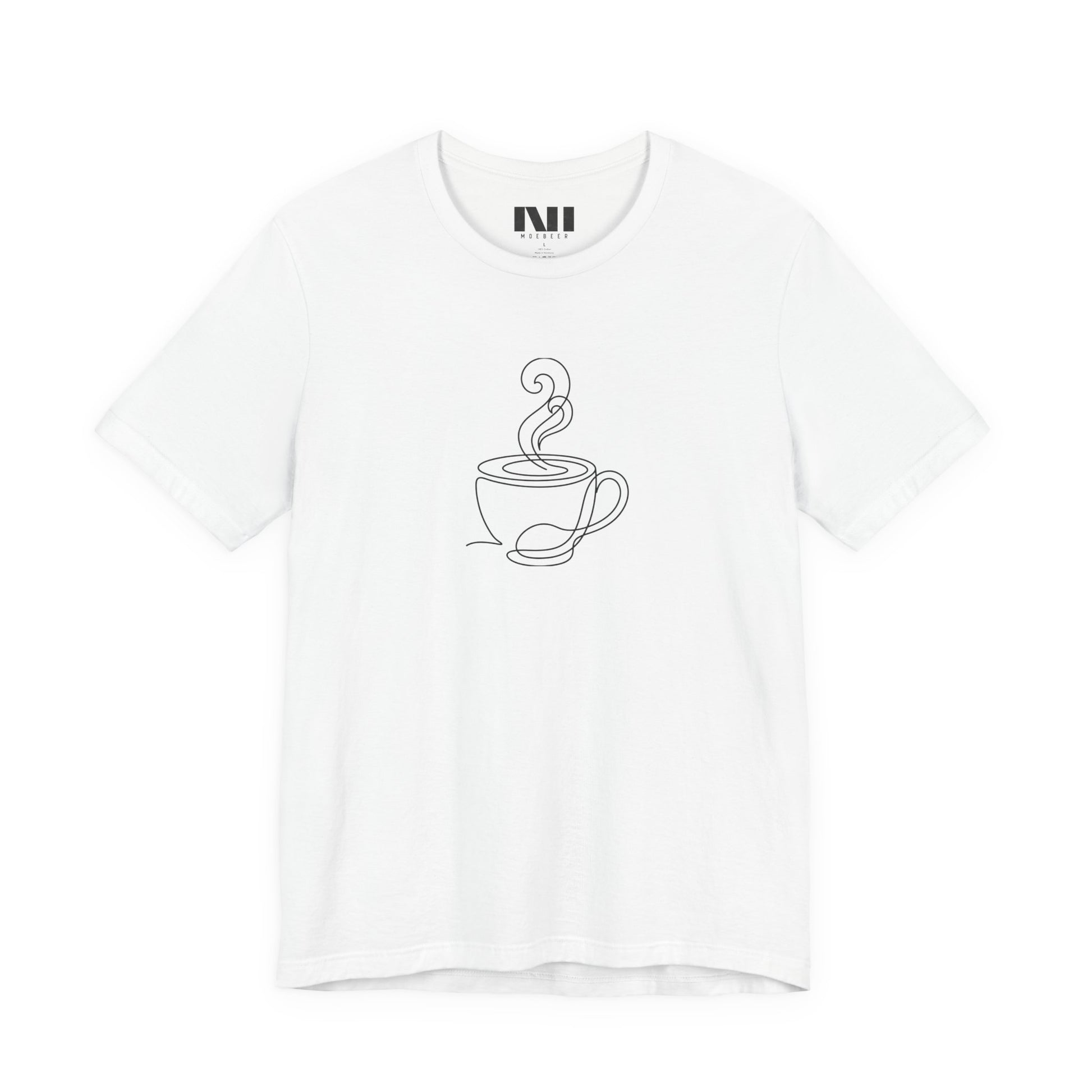 White graphic t-shirt featuring a minimalist black continuous line art design of a steaming coffee cup. moebeer tees #White