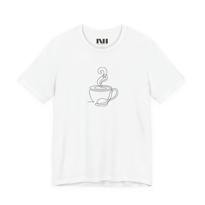 White graphic t-shirt featuring a minimalist black continuous line art design of a steaming coffee cup. moebeer tees #White