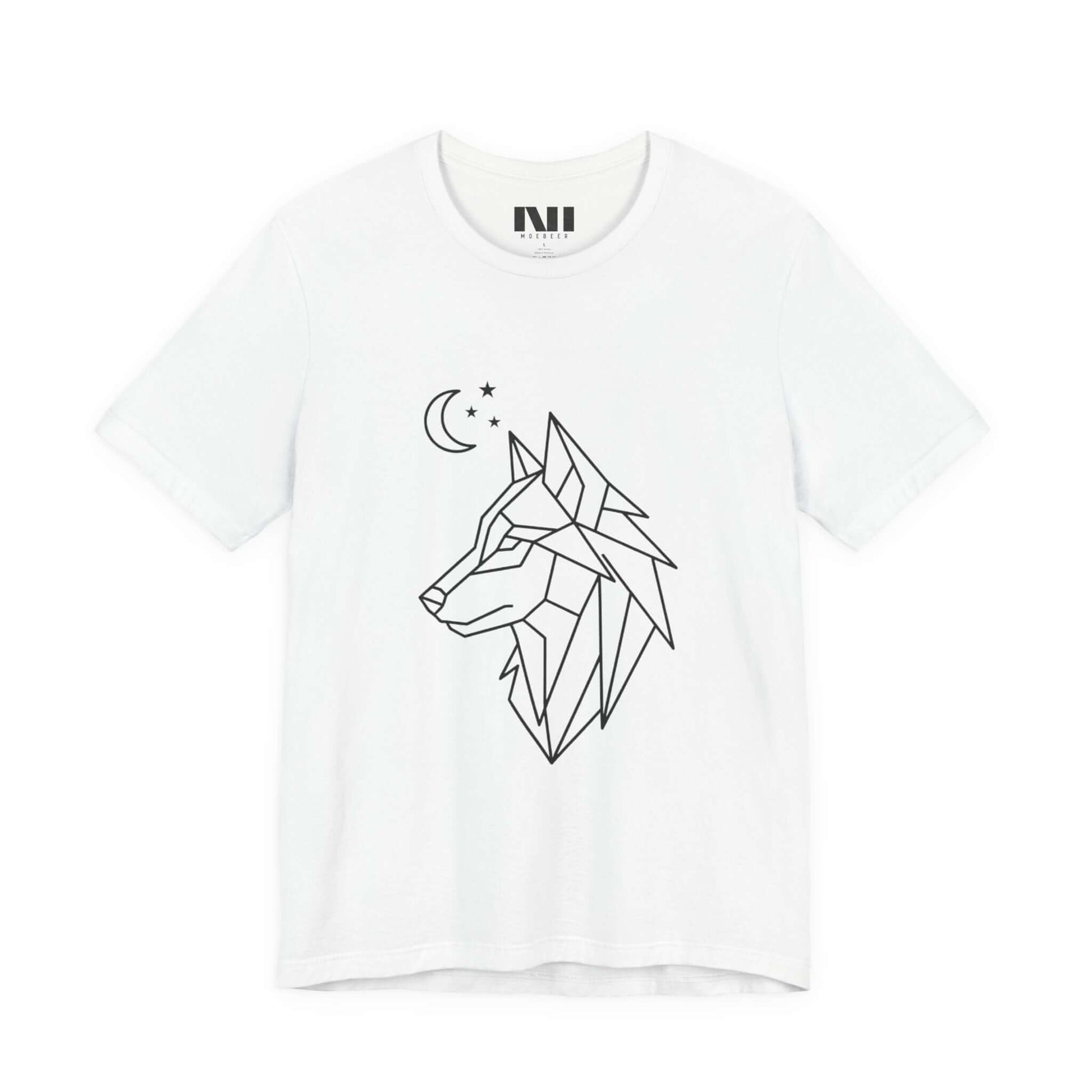 White graphic t-shirt featuring a minimalist white geometric line art design of a wolf head in profile with a crescent moon and stars. MOEBEER tees #White