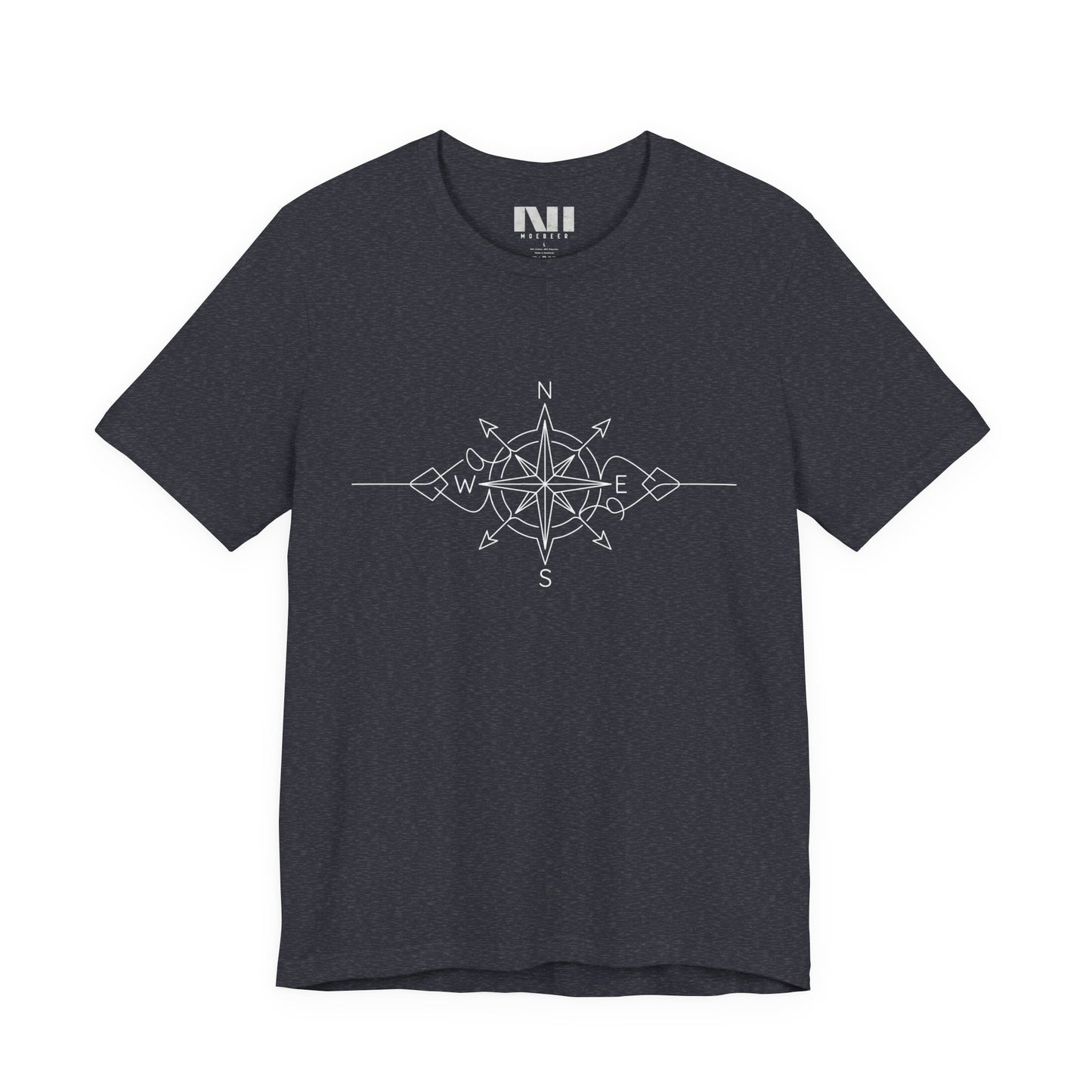 heather navy color graphic t-shirt featuring a minimalist white line art compass rose design with cardinal direction markers. #Heather Navy 